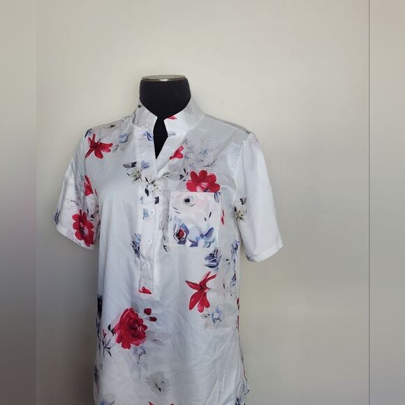 Floral Lightweight Blouse Short Sleeve Notched Neckline Japanese Inspired Medium - Picture 3 of 10